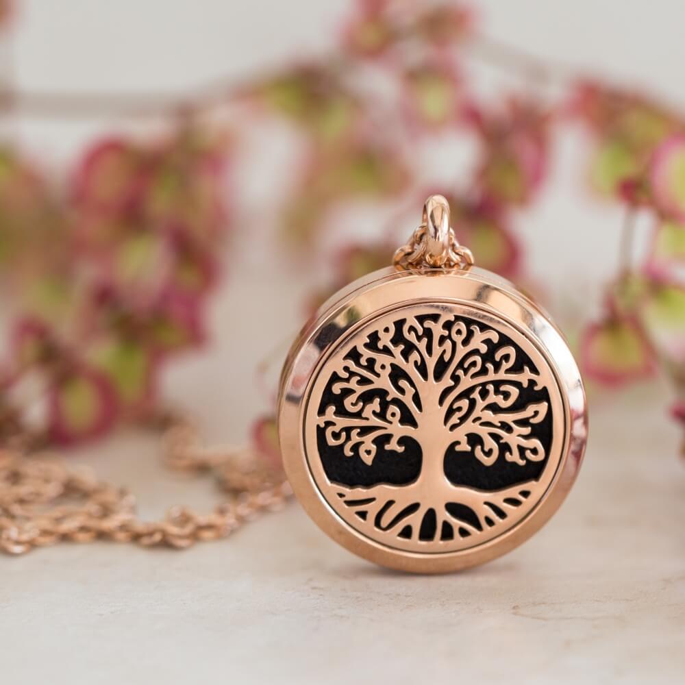Essential oil diffuser necklace, aromatherapy locket rose gold tree of life